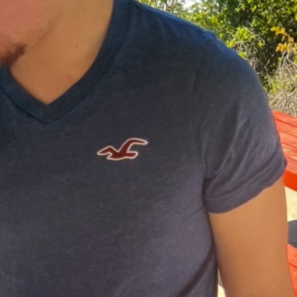 HOLLISTER MEN V NECK T SHIRT NAVY BLUE SEAGULL LOGO EMBROIDERED RED WHITE ACTIVE - Picture 14 of 16